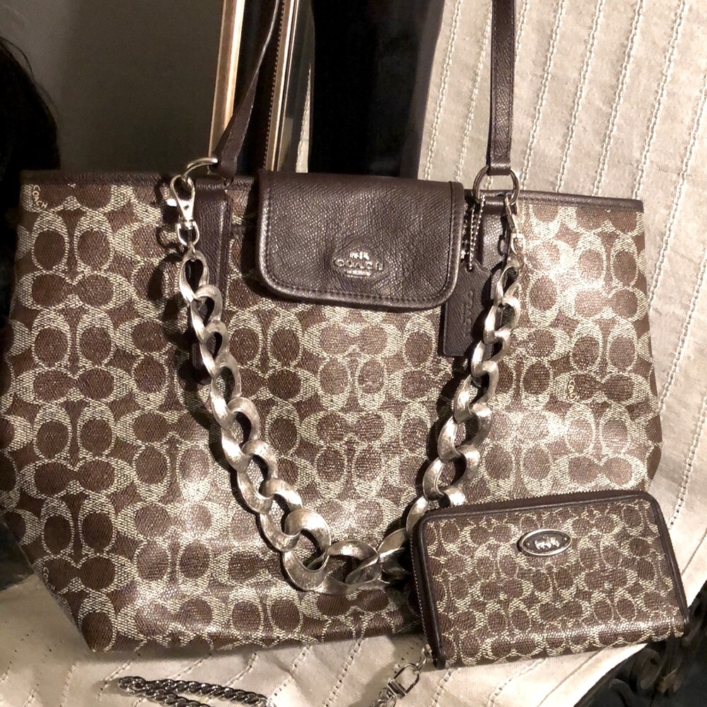 Coach signature metallic tote and wristlet.